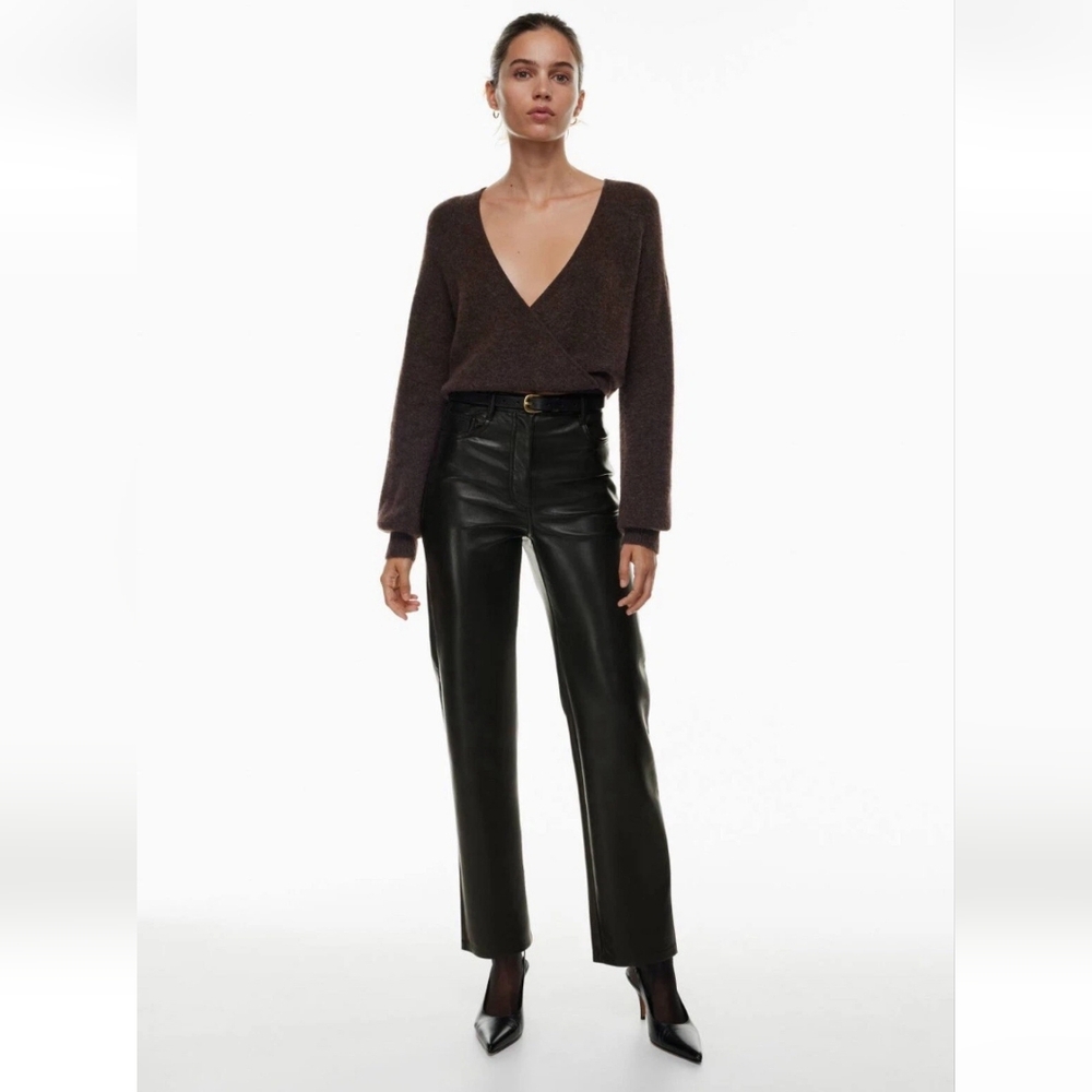 Aritzia Wilfred Melina Black Vegan Leather Pants, High Rise Straight Leg, Size 0